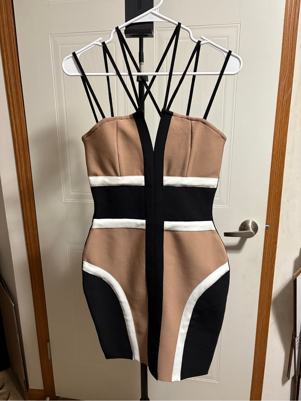 SHEIN Taupe, Black & White Strappy Colorblock Midi Dress